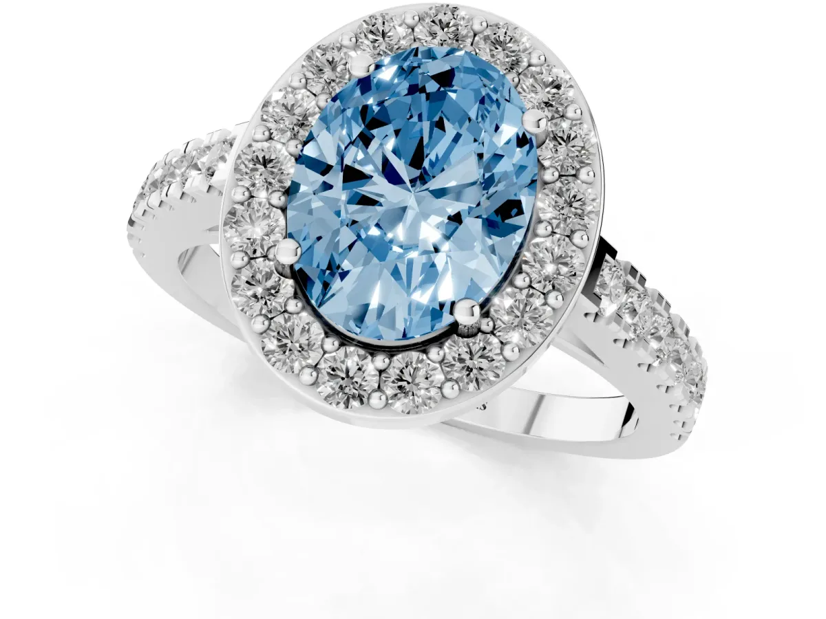 Fancy Blue Oval Cut Diamond Halo Ring with Round Pavé Split Shank and Prong Setting Platinum