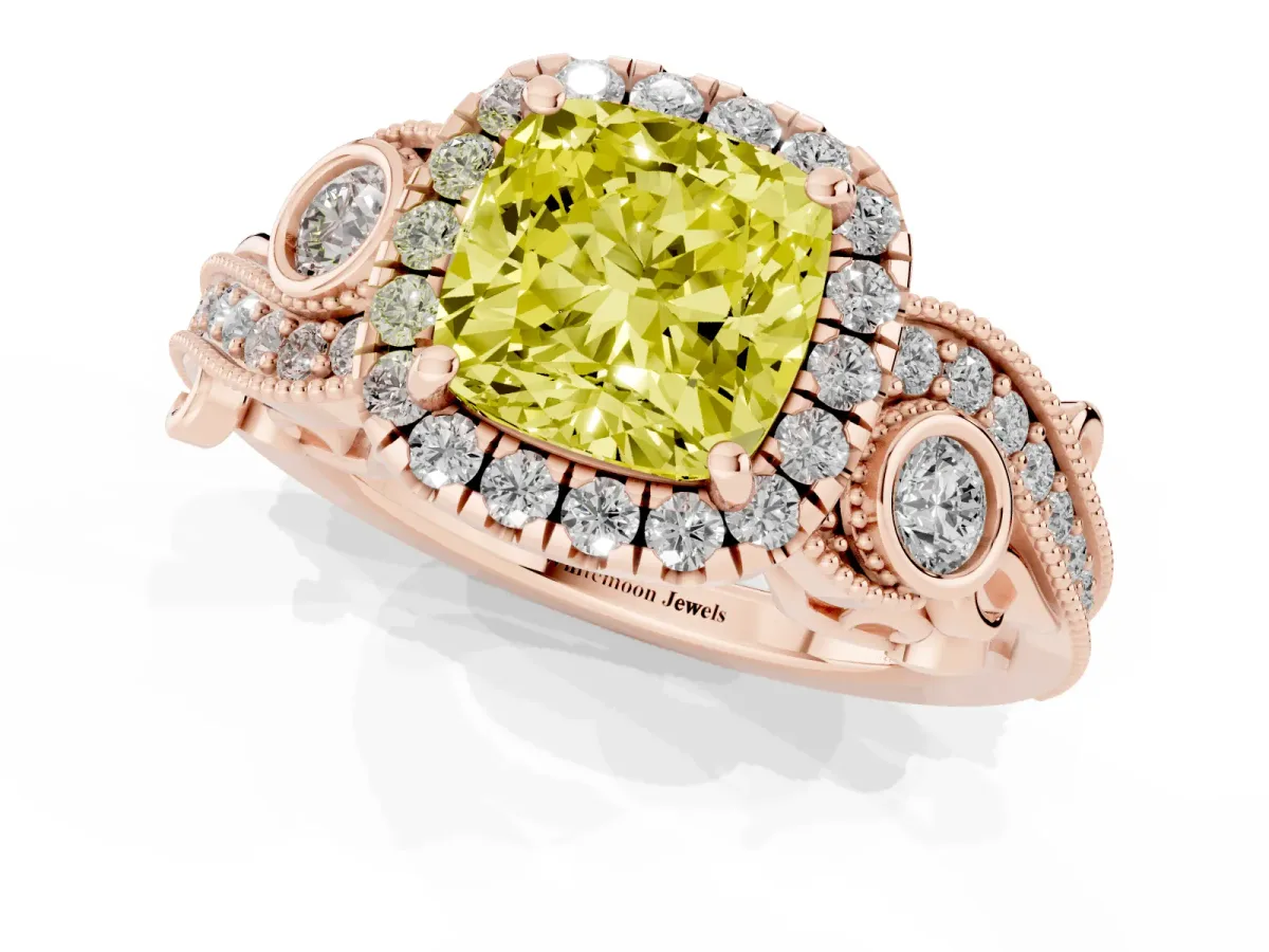 Fancy Yellow Cushion Cut Halo Diamond Ring with Milgrain and Bezel Accents on a Split Shank Band Rose gold