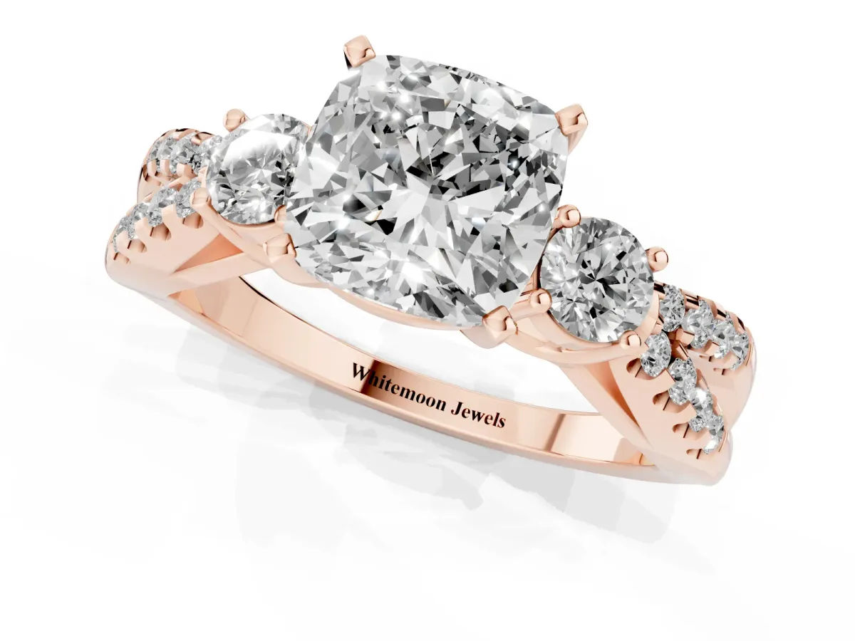 Cushion Cut Diamond Three-Stone Ring with Pavé Split Shank and Four-Prong Setting Rose gold