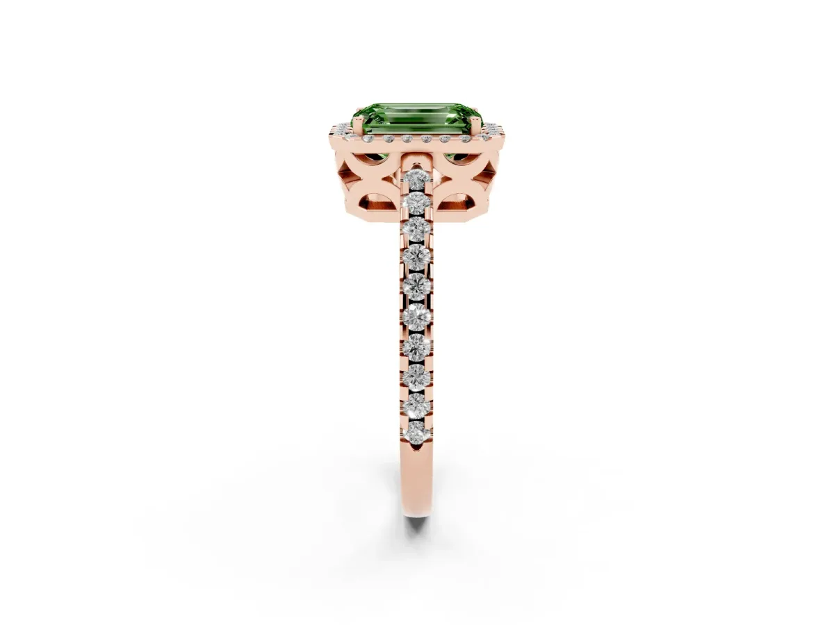 Fancy Green Emerald Cut Diamond Halo Engagement Ring with Pavé Band and Prong Setting Rose gold