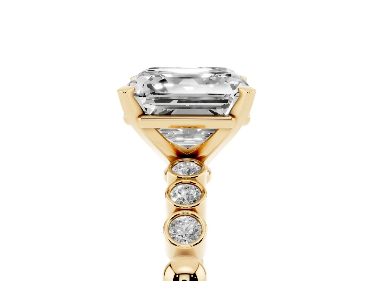 Asscher Cut Solitaire Bezel Accent Diamond Engagement Ring with Beaded Band and Four-Prong Setting Yellow gold