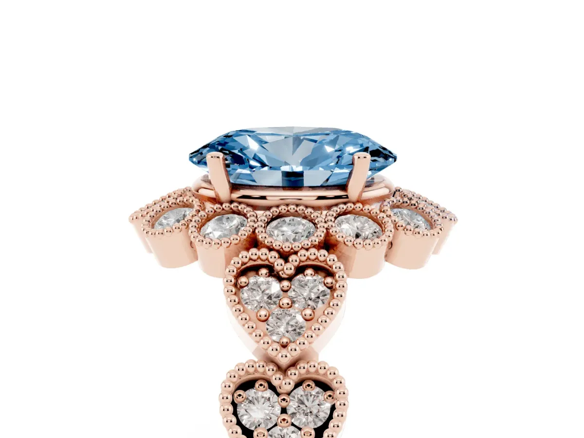 Fancy Blue Oval Cut Brilliant Milgrain Pave Heart Band Solitaire Ring Rose gold