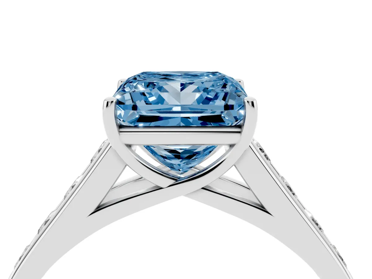 Fancy Blue Princess Cut Solitaire Channel-Set Diamond Engagement Ring with Four-Prong Setting Platinum