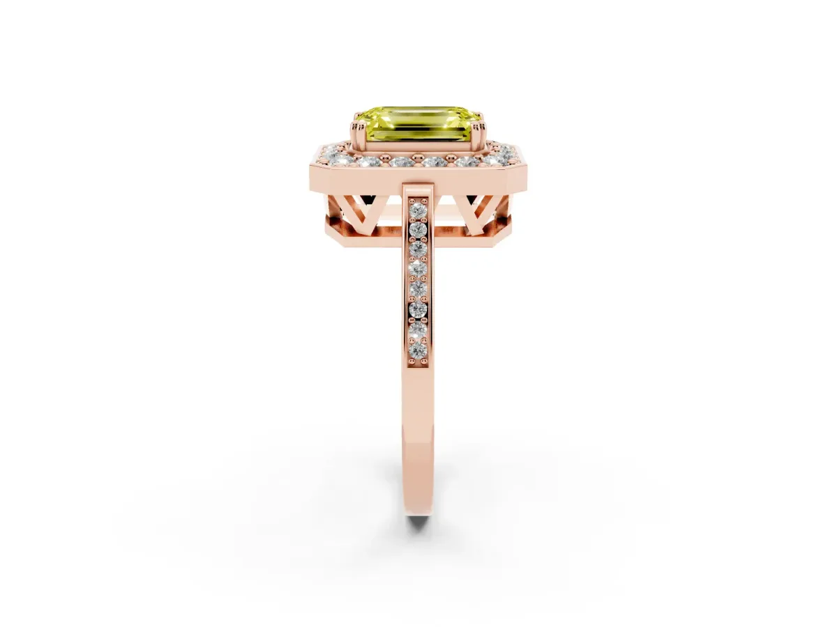 Fancy Yellow Emerald Cut Diamond Halo Ring with Split Shank and Four-Prong Setting Rose gold