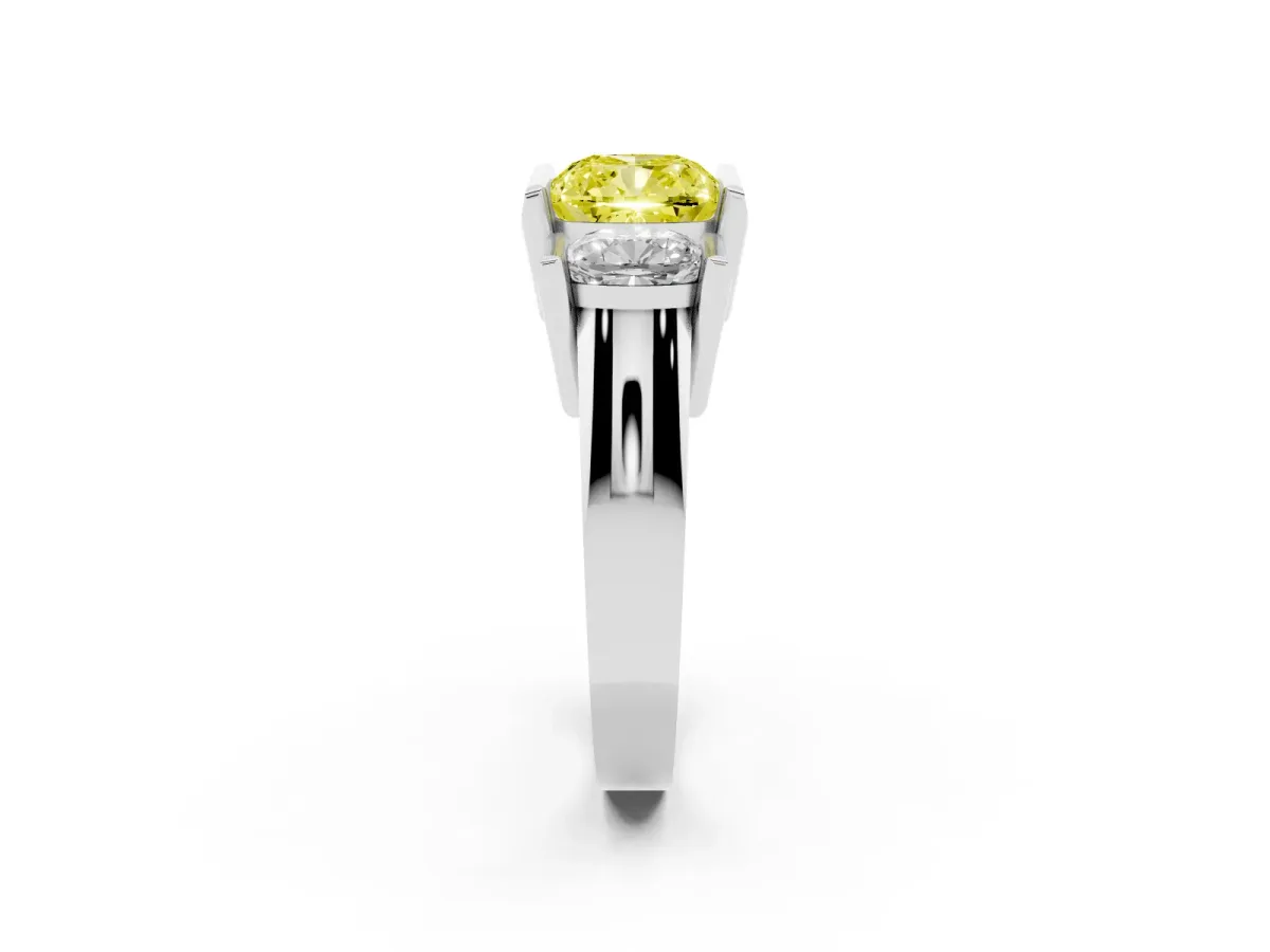 Fancy Yellow Three Stone Cushion Cut Cut Channel Set Diamond Ring Silver