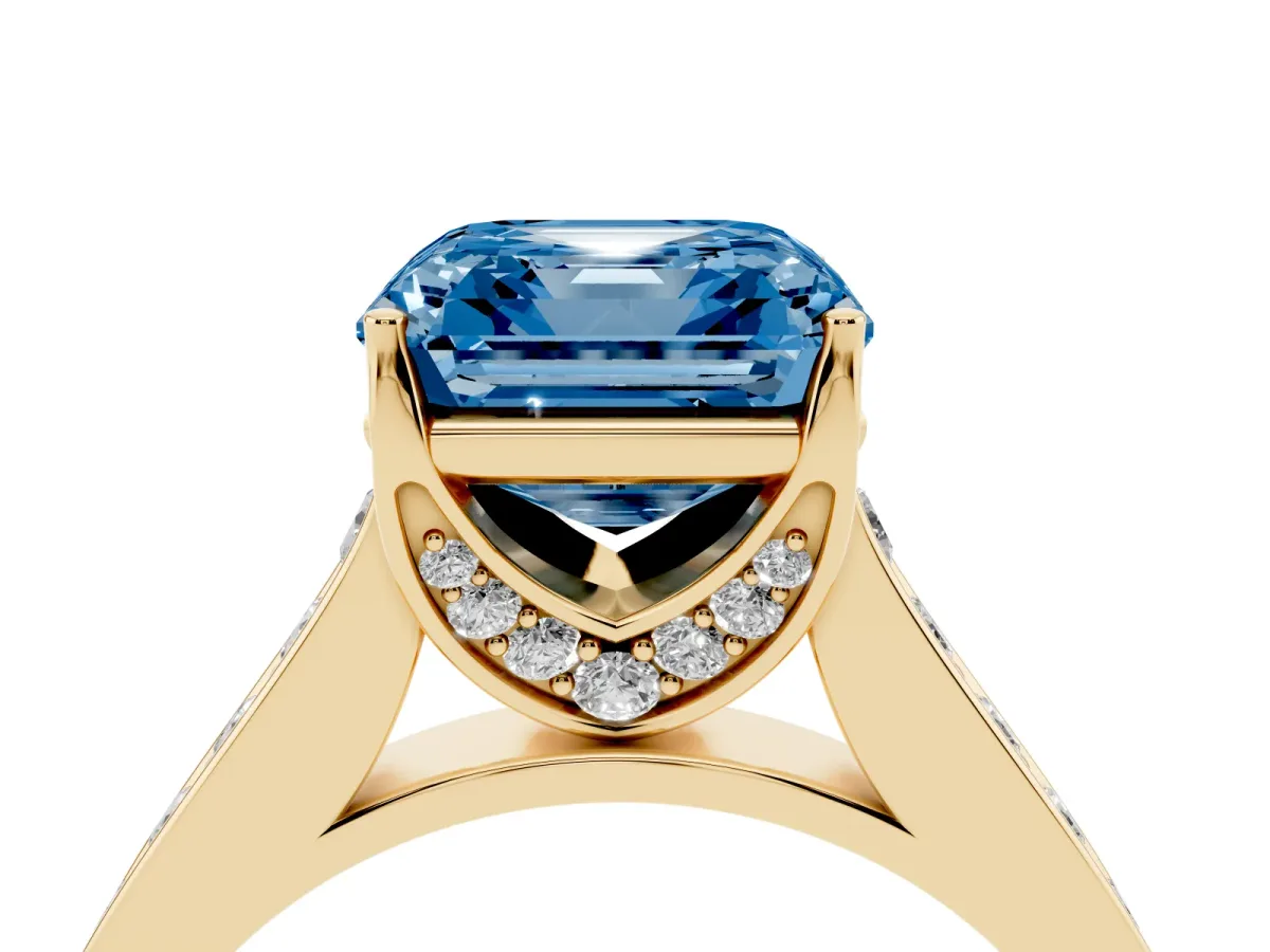 Fancy Blue Asscher Cut Brilliant Cut Diamond Engagement Ring with Pavé Band and Four-Prong Setting Yellow gold