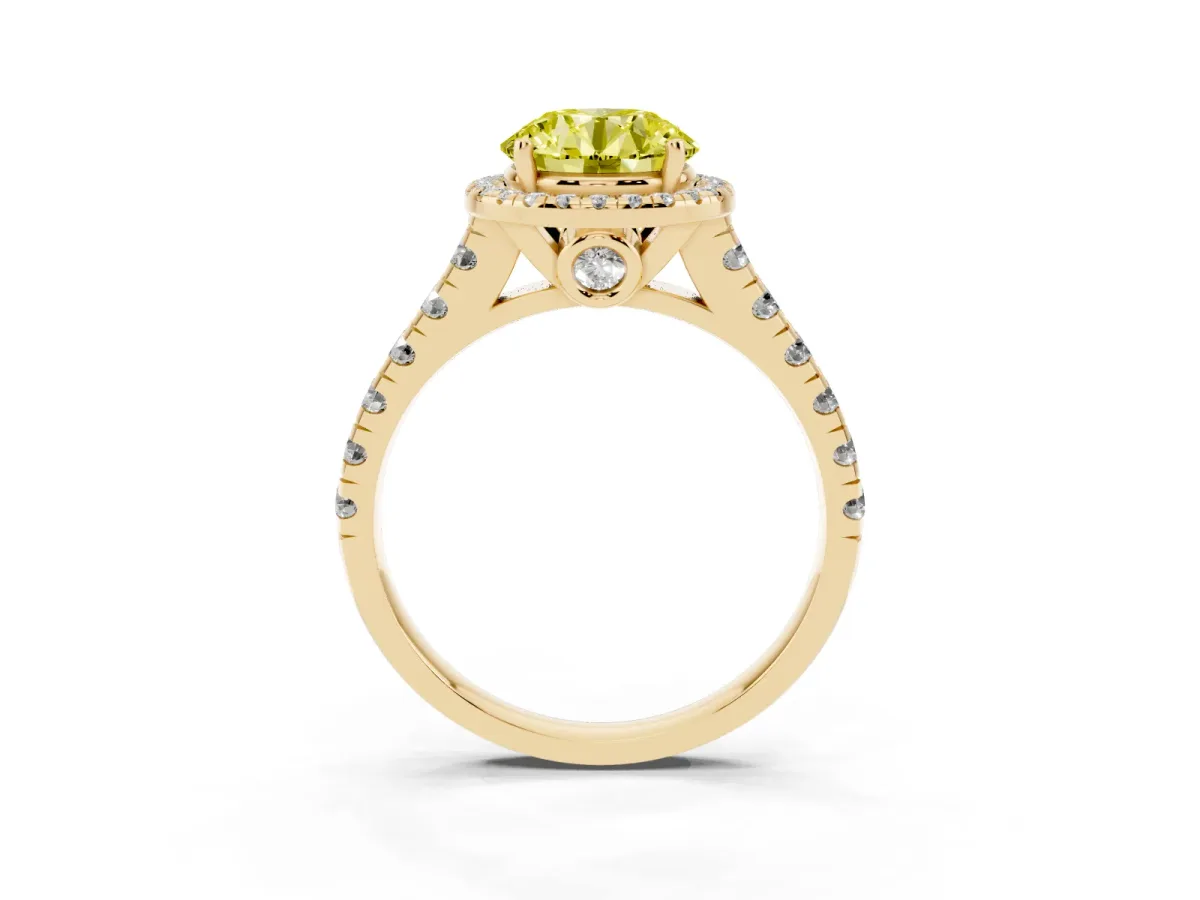 Fancy Yellow Round Cut Halo Pavé Diamond Engagement Ring with Four-Prong Setting Yellow gold
