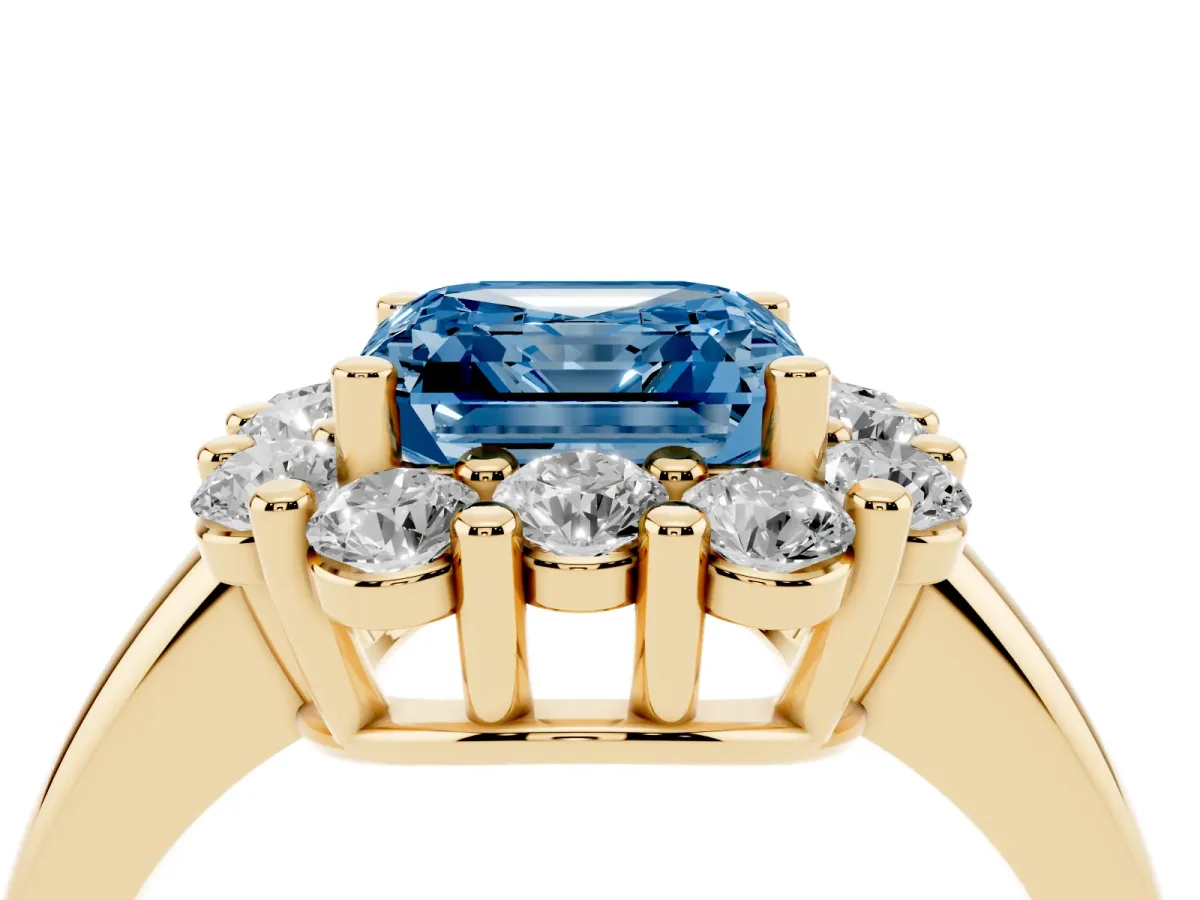 Fancy Blue Asscher Cut Halo Cluster Diamond Engagement Ring with Prong Setting and Polished Band Yellow gold