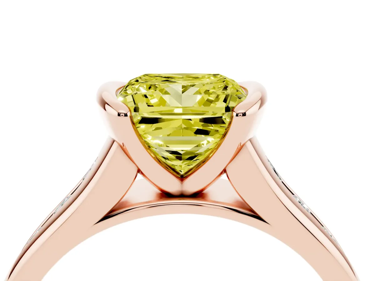 Fancy Yellow Princess Cut Solitaire Bezel-Set Diamond Ring with Channel-Set Band Rose gold