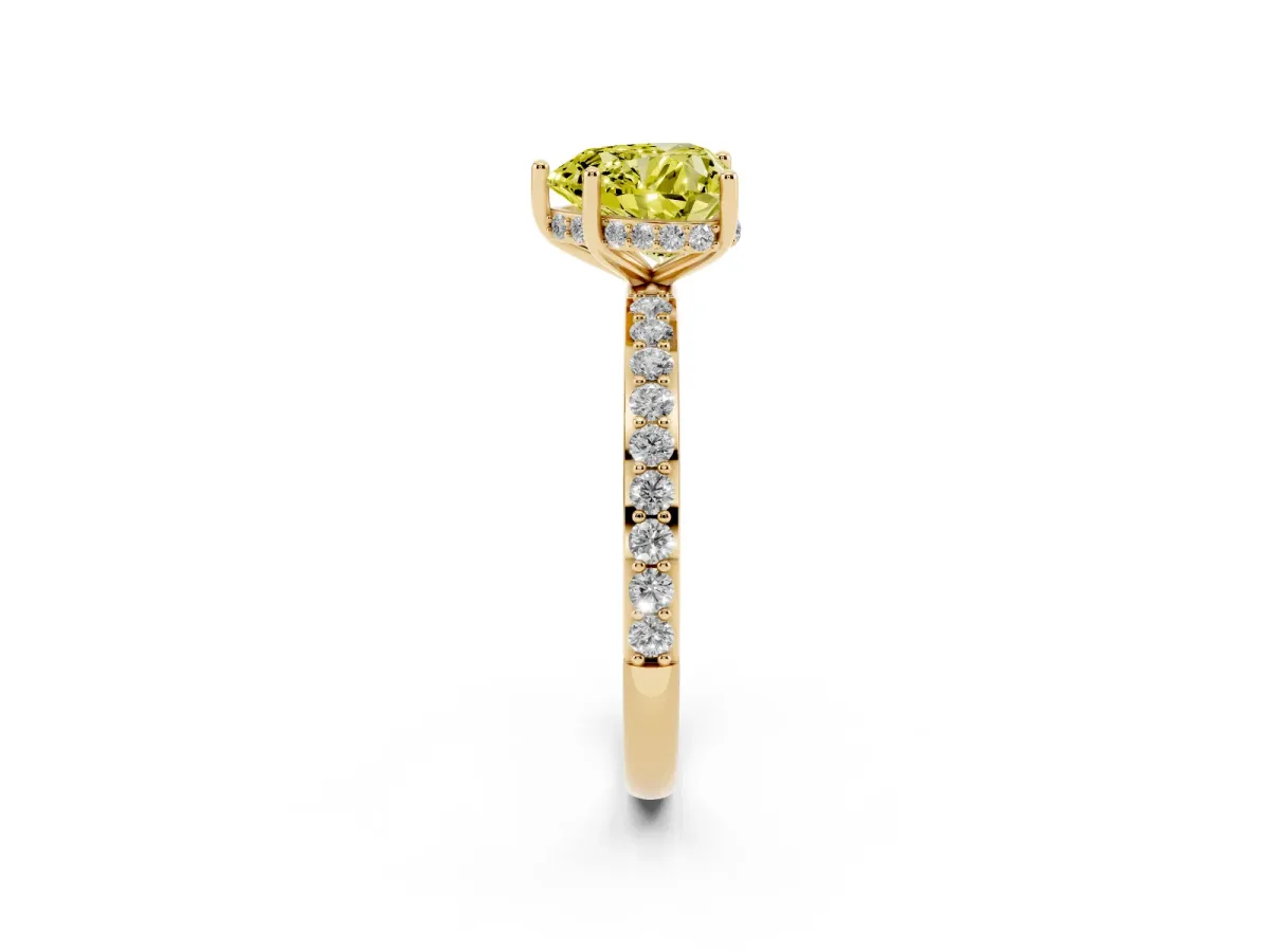 Fancy Yellow Heart Cut Diamond Solitaire Ring with Pavé Band and Hidden Halo Yellow gold
