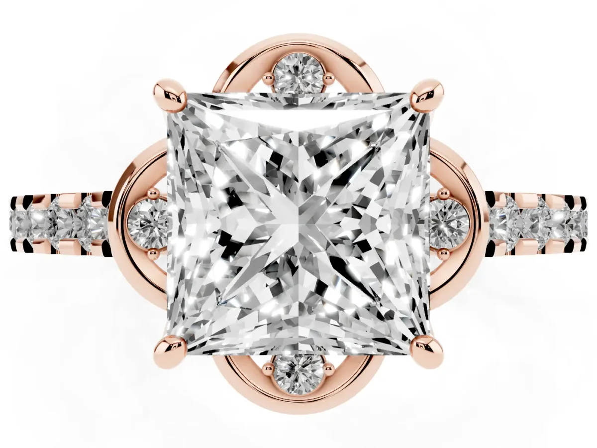Princess Cut Diamond Ring with Pavé Band and Floral Prong Setting Rose gold