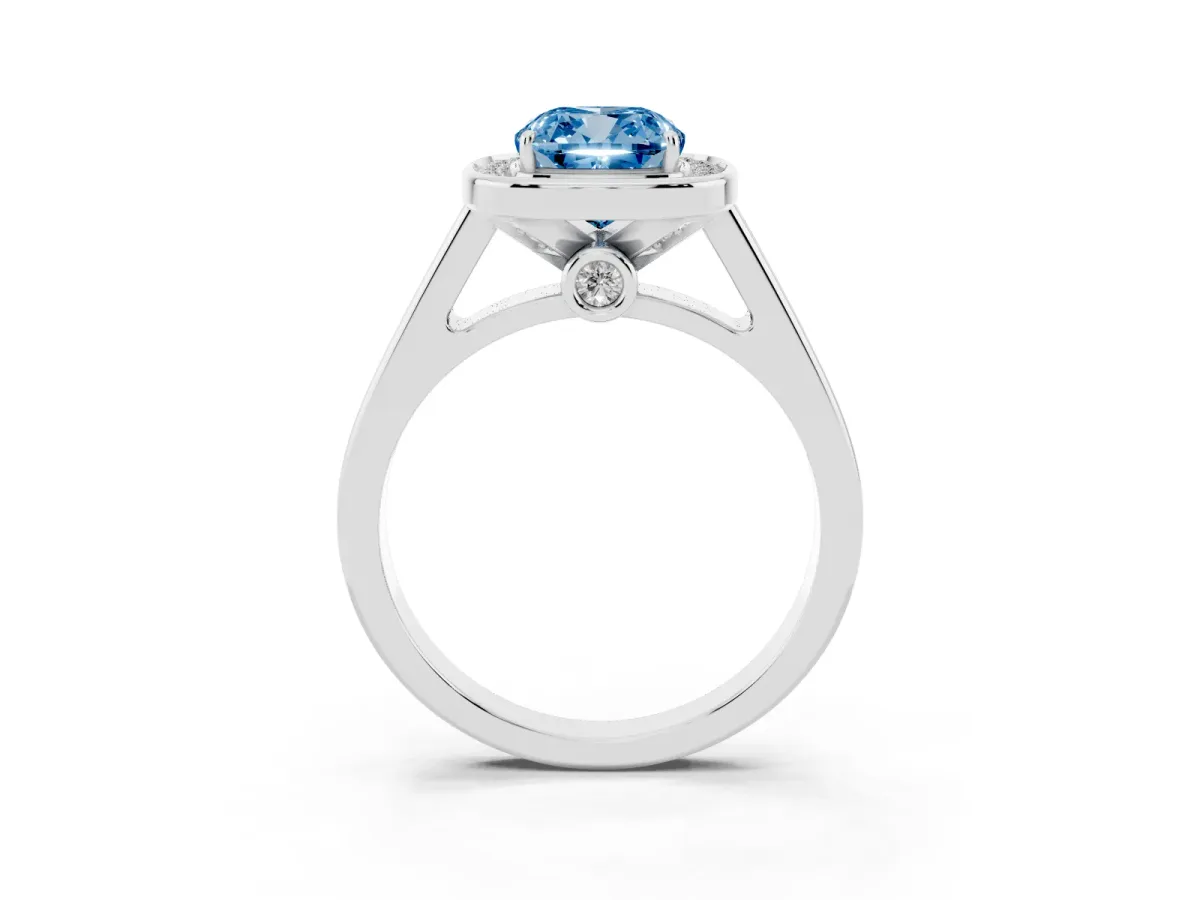 Fancy Blue Cushion Cut Halo Solitaire Diamond Ring with Pave Band and Bezel Setting Silver