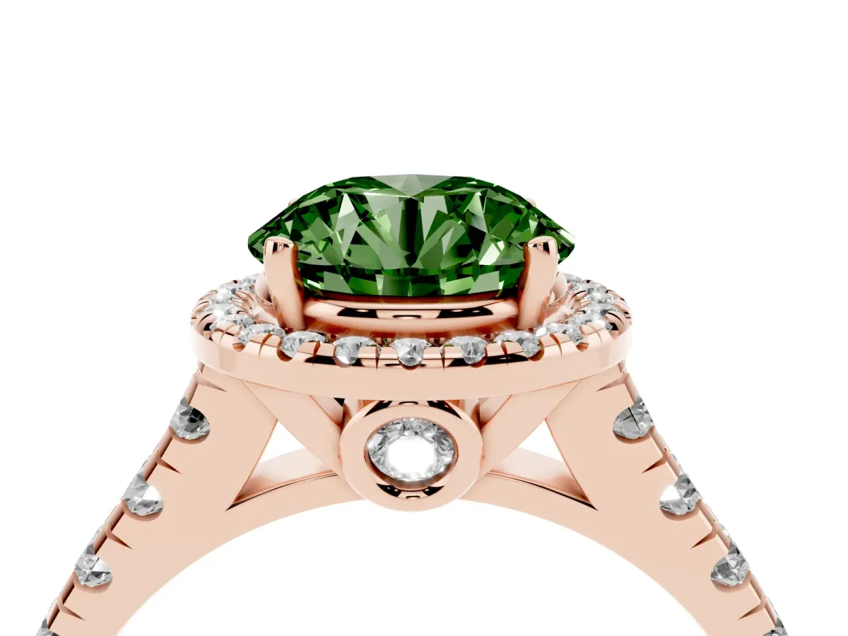 Fancy Green Round Cut Halo Pavé Diamond Engagement Ring with Four-Prong Setting Rose gold
