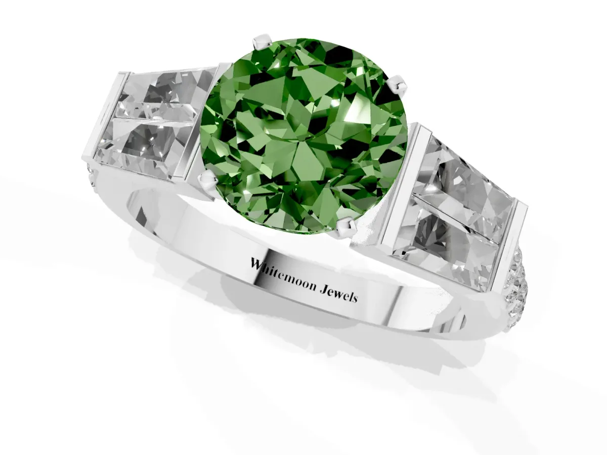 Fancy Green Round Cut Diamond Engagement Ring with Baguette Side Stones and Channel Set Band Silver