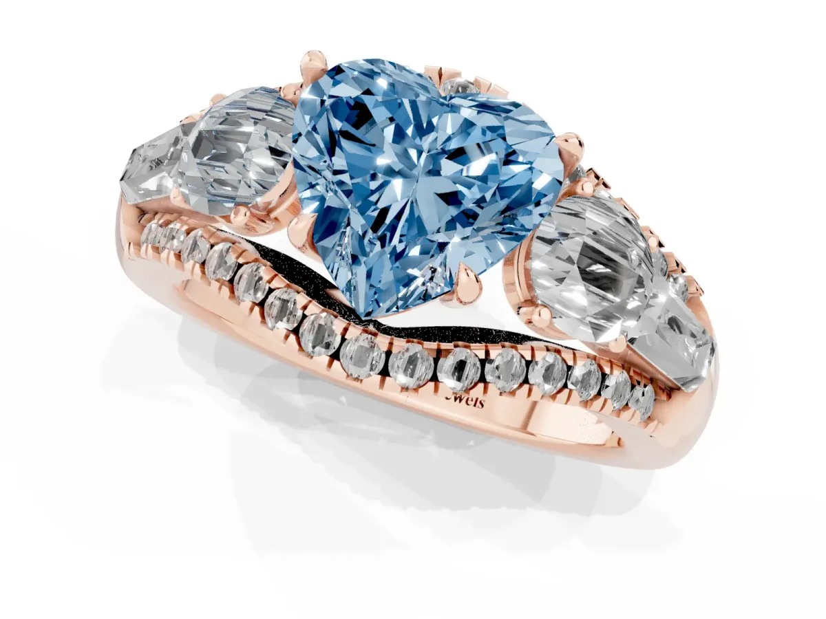 Fancy Blue Three-Stone Heart Cut Diamond Engagement Ring with Pave Band and Prong Setting Rose gold