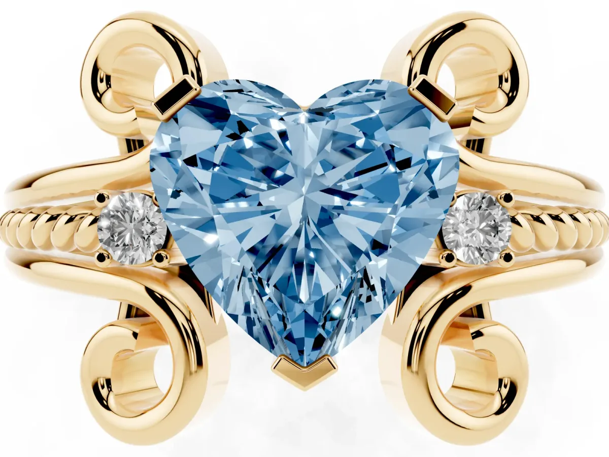 Fancy Blue Heart Cut Solitaire Twisted Band Scroll Prong Ring Yellow gold
