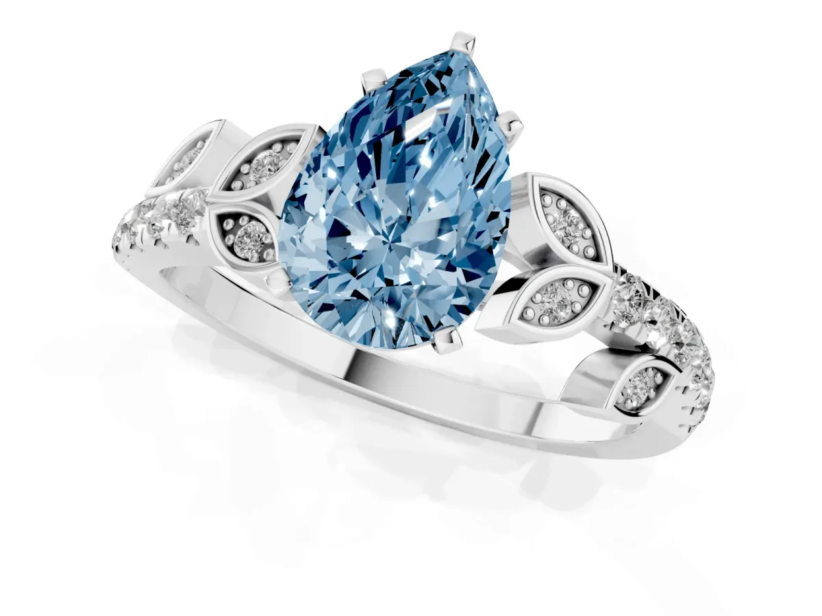 Fancy Blue Pear Cut Solitaire Leaf-Inspired Diamond Ring with Pavé Band and Four-Prong Setting Silver
