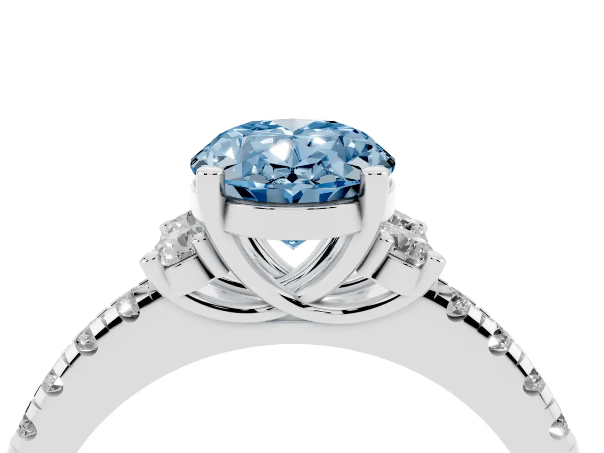 Fancy Blue Oval Cut Diamond Three-Stone Pave Band with Four-Prong Setting Silver