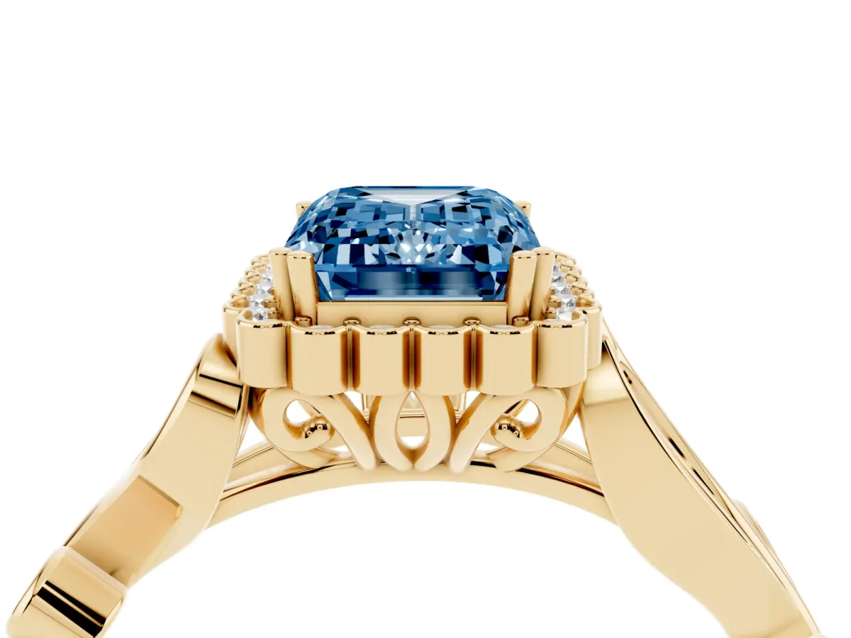 Fancy Blue Emerald Cut Diamond Halo Ring with Vintage Split Shank and Four-Prong Setting Yellow gold