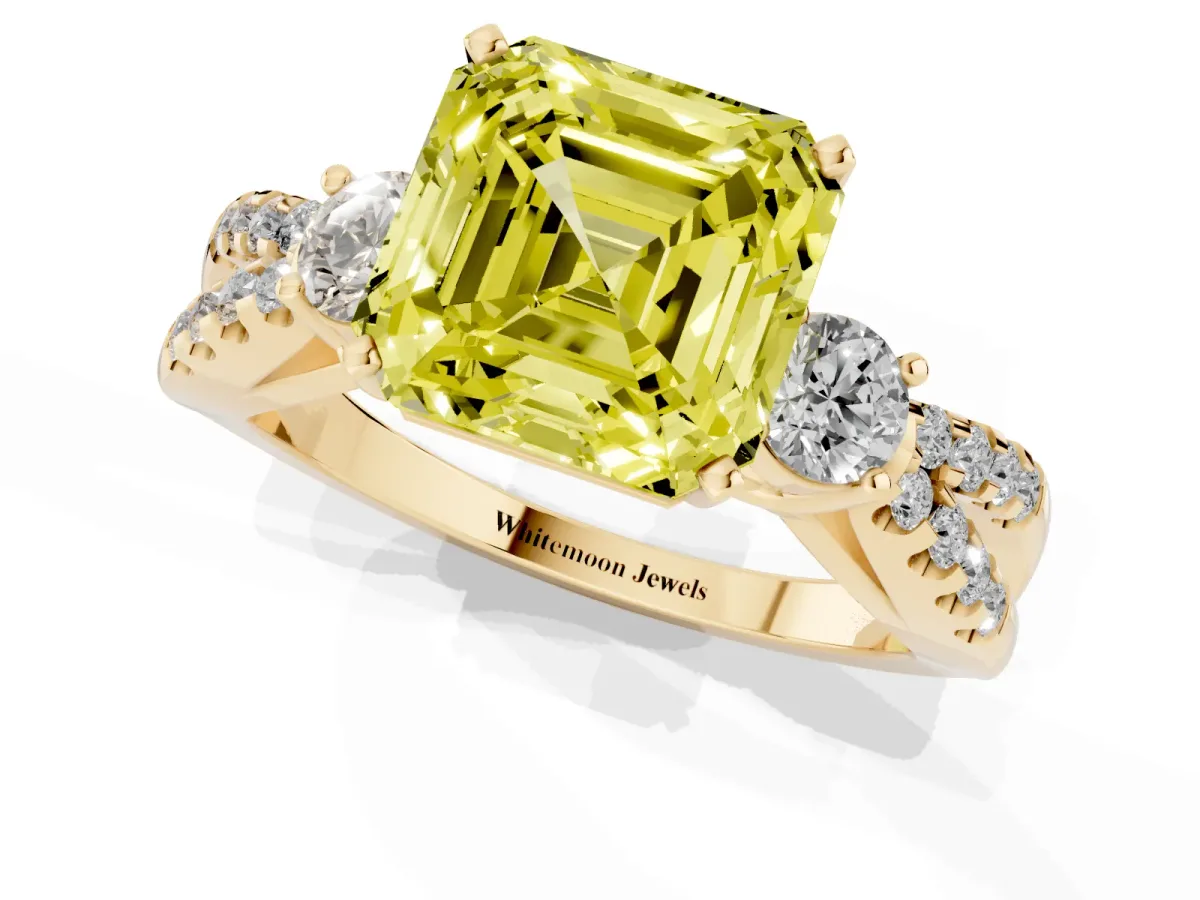 Fancy Yellow Asscher Cut Diamond Three-Stone Ring with Pavé Split Shank and Four-Prong Setting Yellow gold