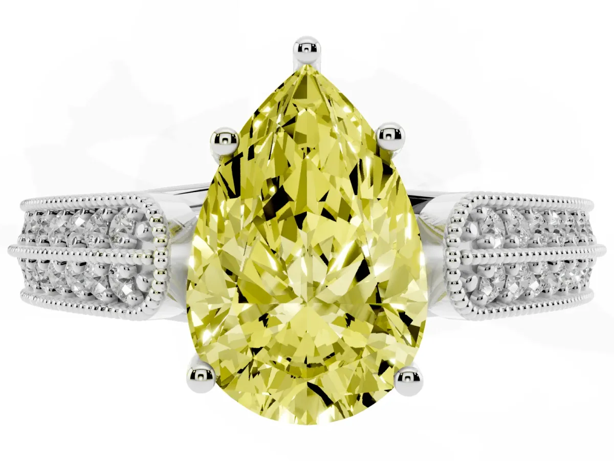 Fancy Yellow Pear Cut Cut Pave Split Shank Engagement Ring with Four-Prong Setting White gold