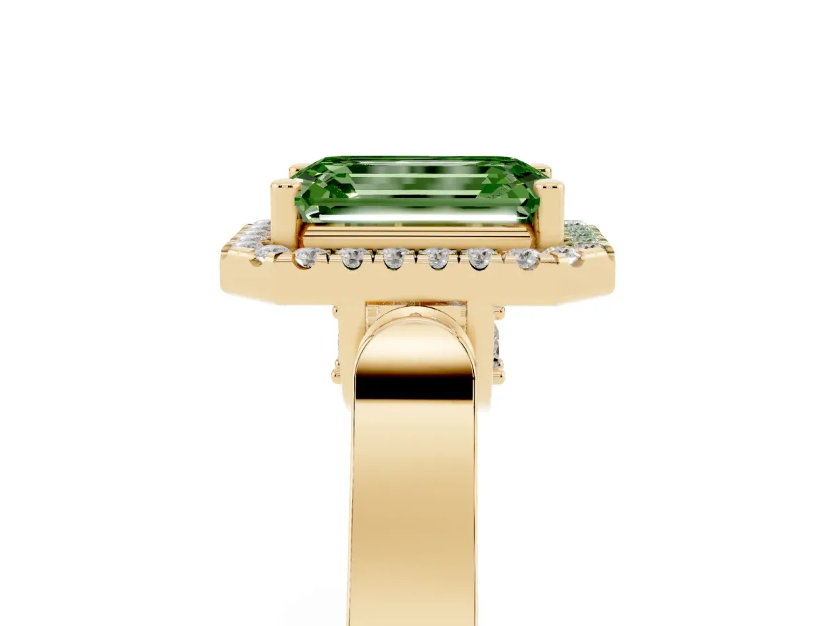 Fancy Green Emerald Cut Halo Round Diamond Twist Band with Four-Prong Setting Yellow gold