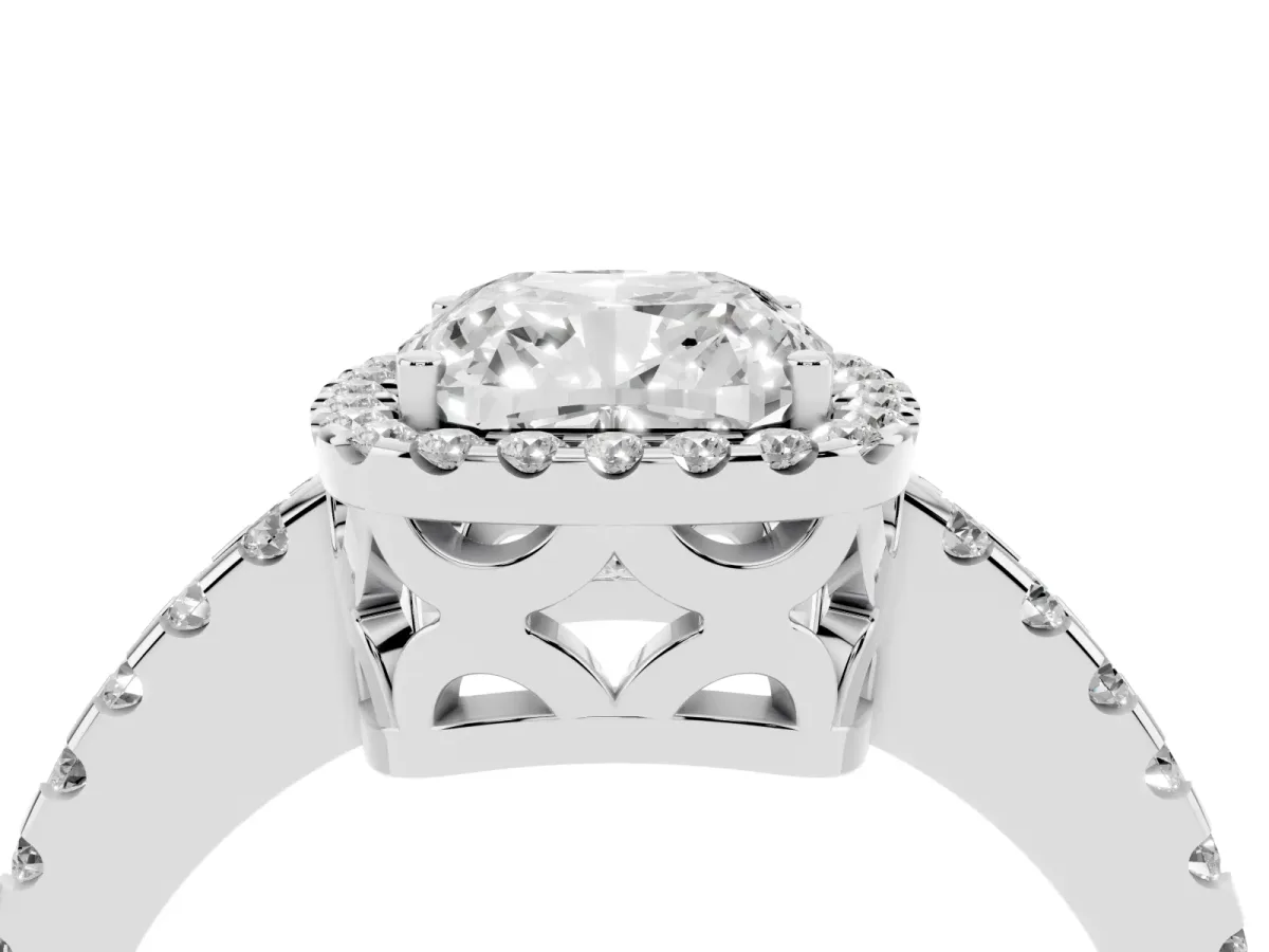 Cushion Cut Diamond Halo Engagement Ring with Pavé Band and Prong Setting Silver