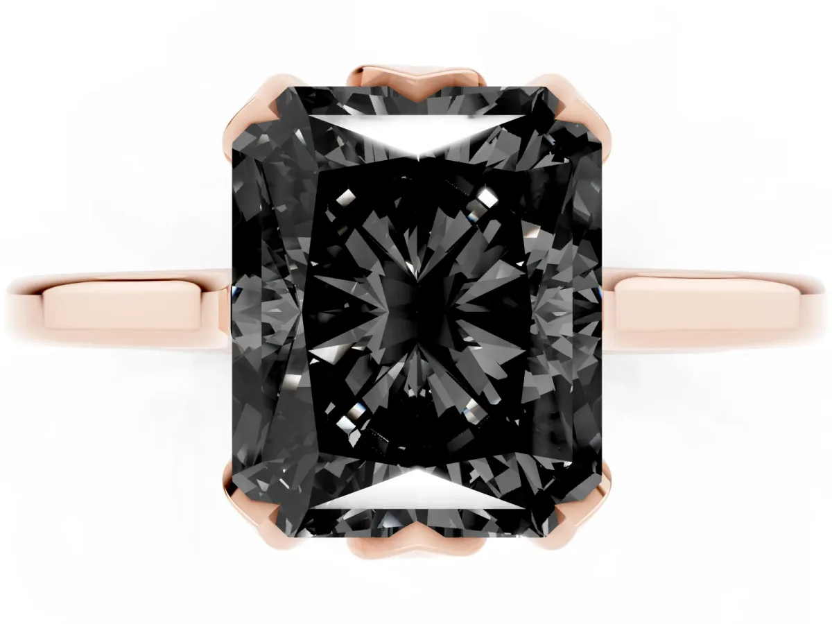 Fancy Black Radiant Cut Diamond Solitaire Ring with Flower Prong Setting and Classic Band Rose gold