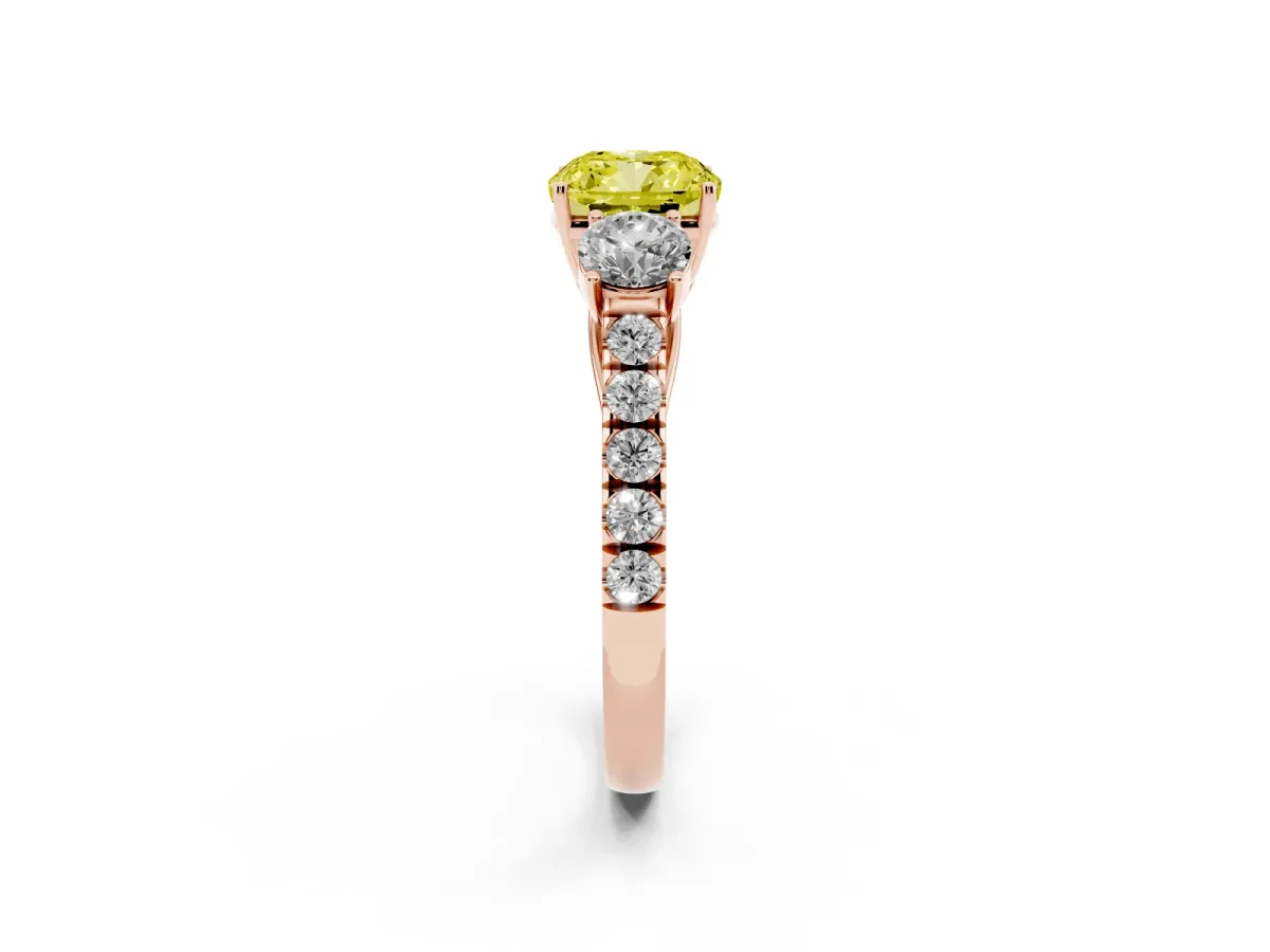 Fancy Yellow Cushion Cut Cut Diamond Three-Stone Ring with Round Side Stones and Pavé Band Rose gold