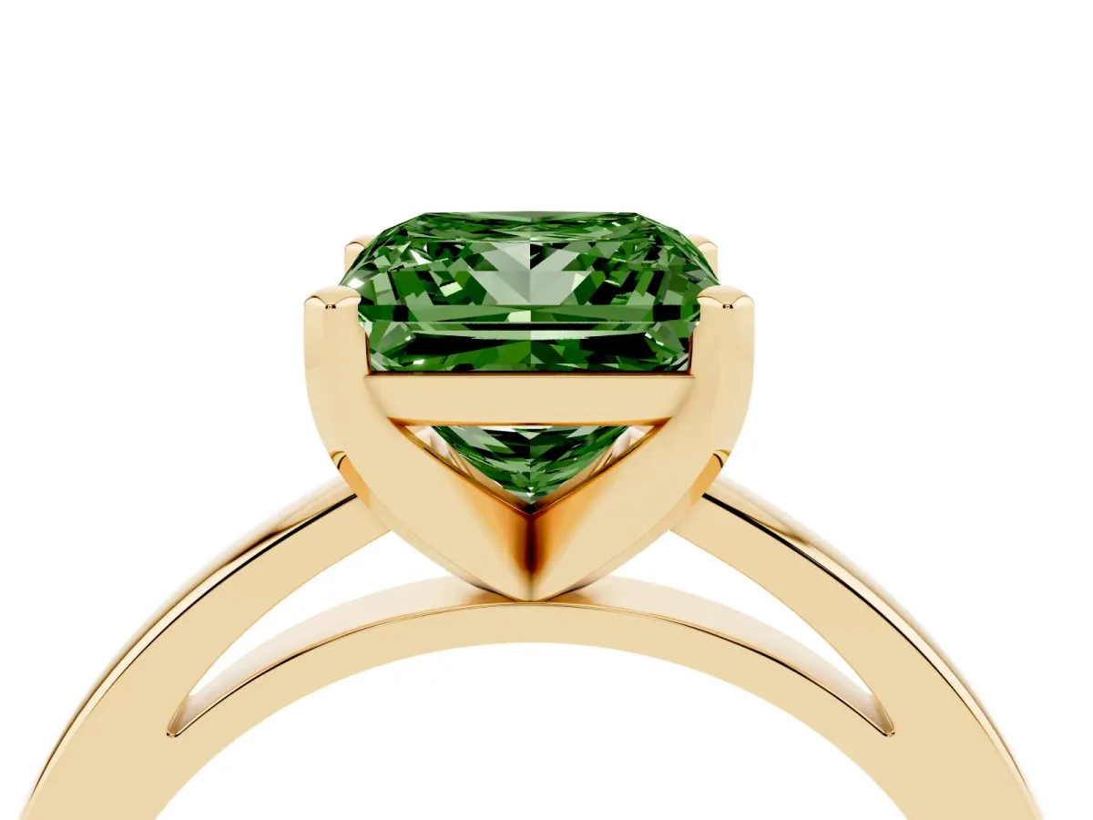 Fancy Green Princess Cut Solitaire Diamond Engagement Ring with Four-Prong Setting on a Classic Band Yellow gold