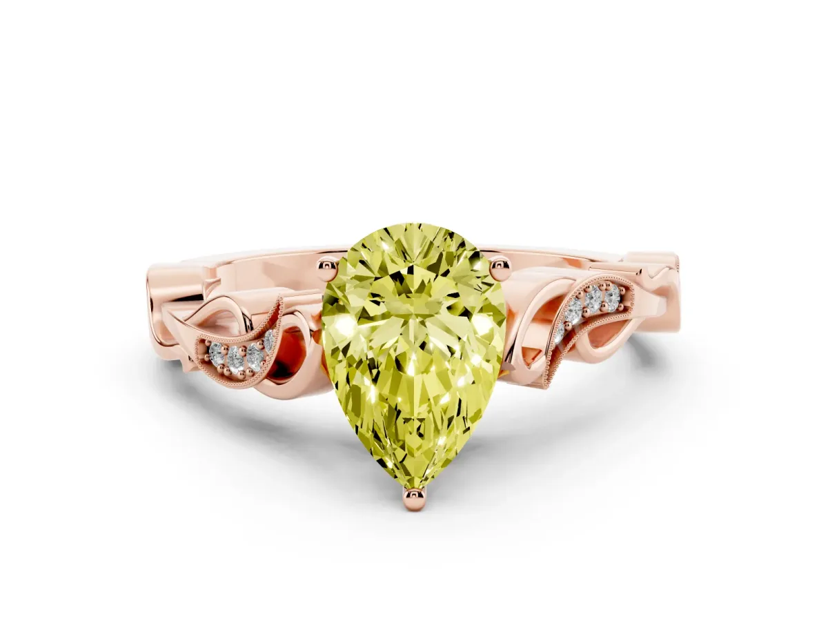Fancy Yellow Pear Cut Solitaire Vine Band with Milgrain Prong Setting Rose gold