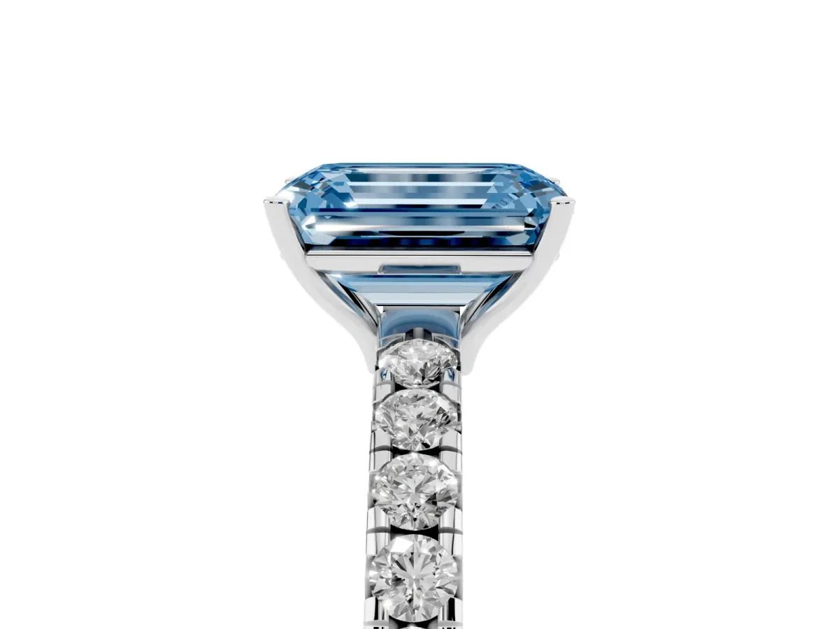 Fancy Blue Emerald Cut Diamond Pavé Solitaire Engagement Ring with Four-Prong Setting Platinum