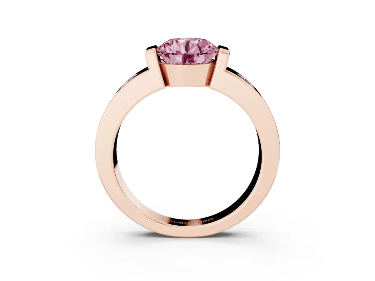 Fancy Pink Round Cut Brilliant Channel-Set Diamond Ring with Bezel Prong Setting Rose gold