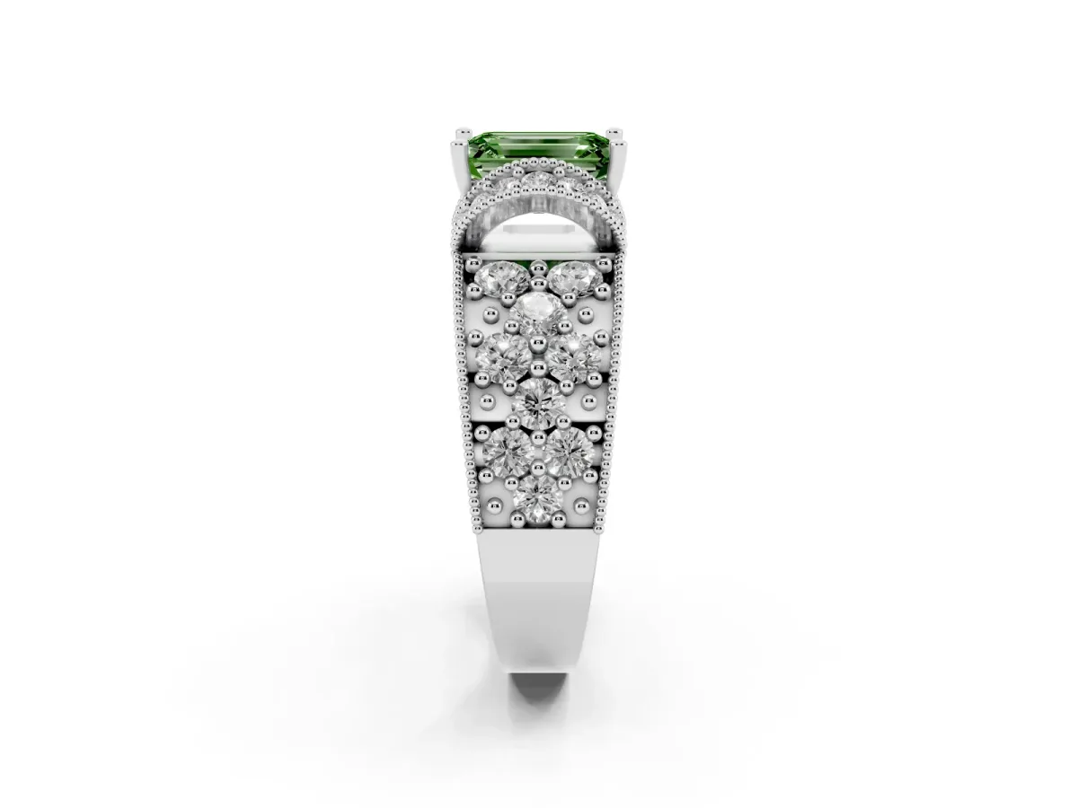 Fancy Green Emerald Cut Halo Pave Diamond Engagement Ring with Milgrain Detailing White gold