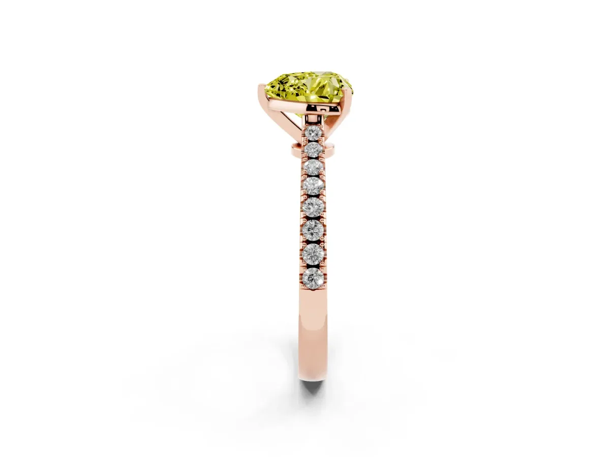 Fancy Yellow Heart Cut Cut Solitaire Diamond Engagement Ring with Pave Band and Four-Prong Setting Rose gold