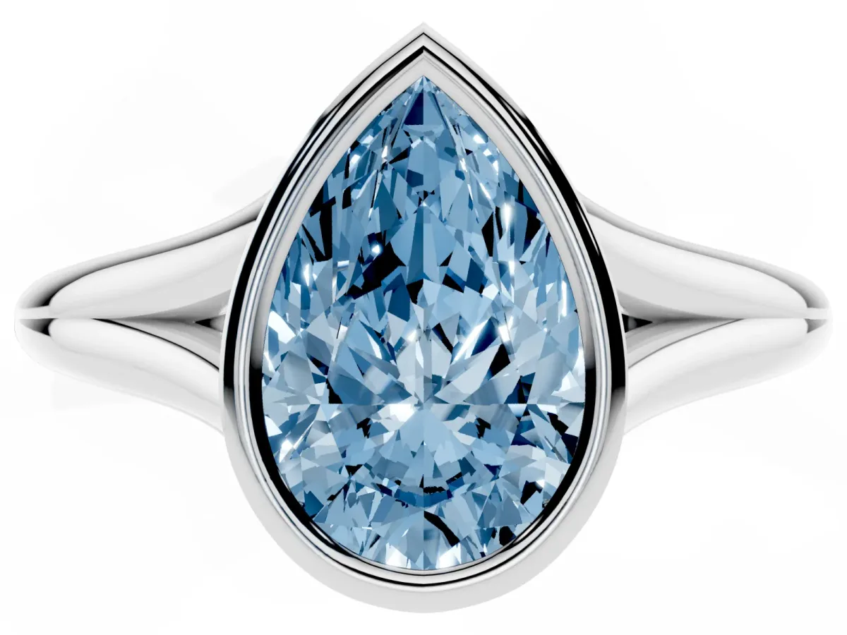 Fancy Blue Bezel Set Pear Cut Cut Solitaire Ring with Tapered Band Platinum