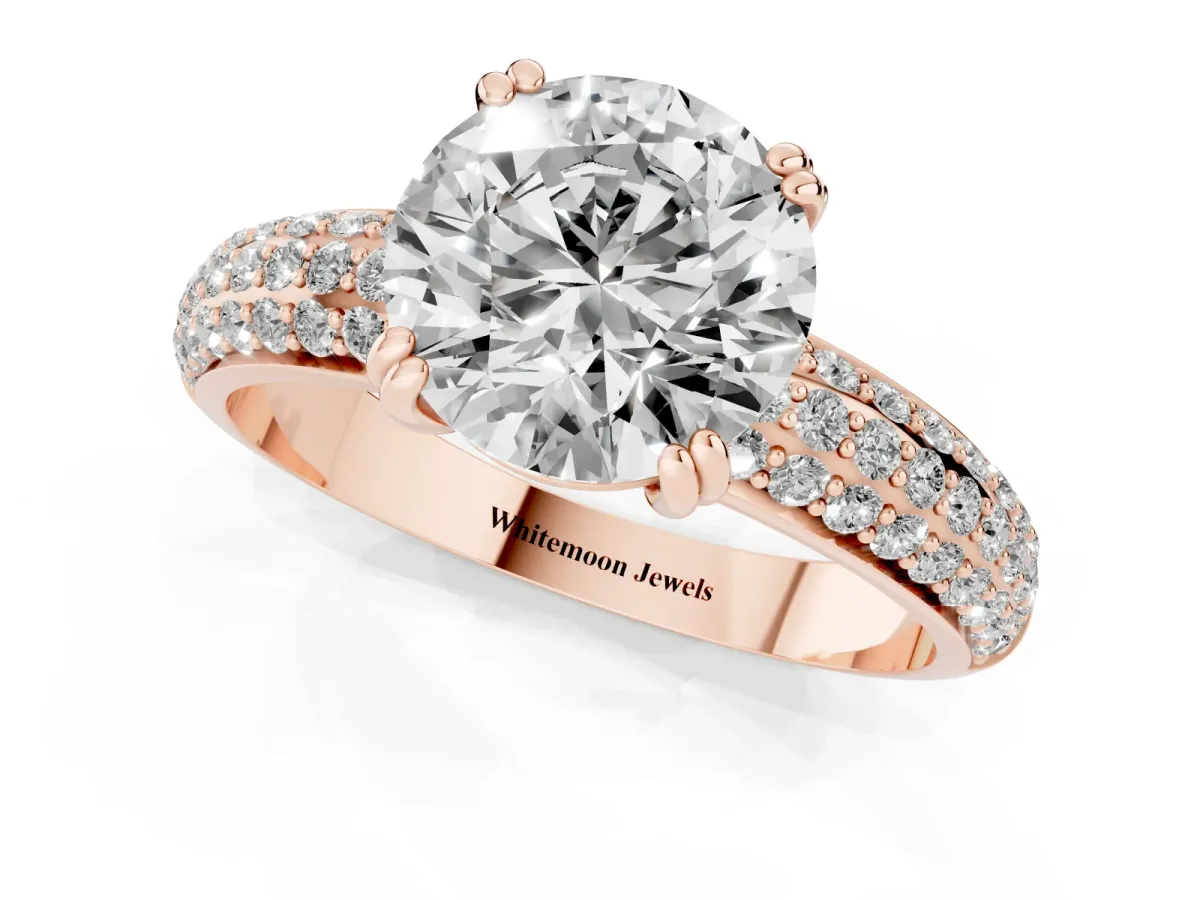 Round Cut Diamond Solitaire Ring with Multi-Row Round Pavé Band and Prong Setting Rose gold