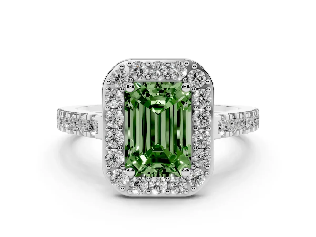Fancy Green Emerald Cut Diamond Halo Ring with Round Pavé Split Shank and Prong Setting Platinum