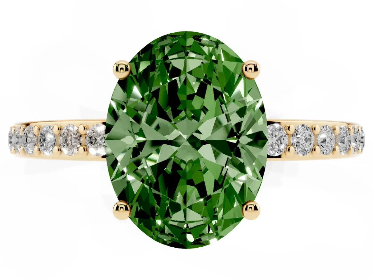 Fancy Green Oval Cut Cut Diamond Pavé Band Ring with Four-Prong Setting Yellow gold