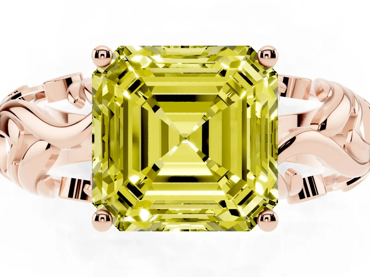 Fancy Yellow Asscher Cut Solitaire Diamond Leaf-Inspired Vine Band Ring with Prong Setting Rose gold