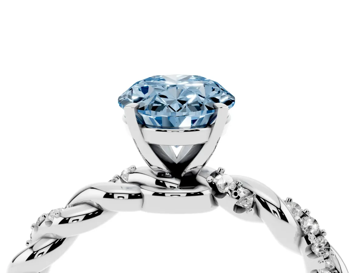 Fancy Blue Oval Cut Diamond Solitaire Ring with Twisted Band and Pavé Accents White gold