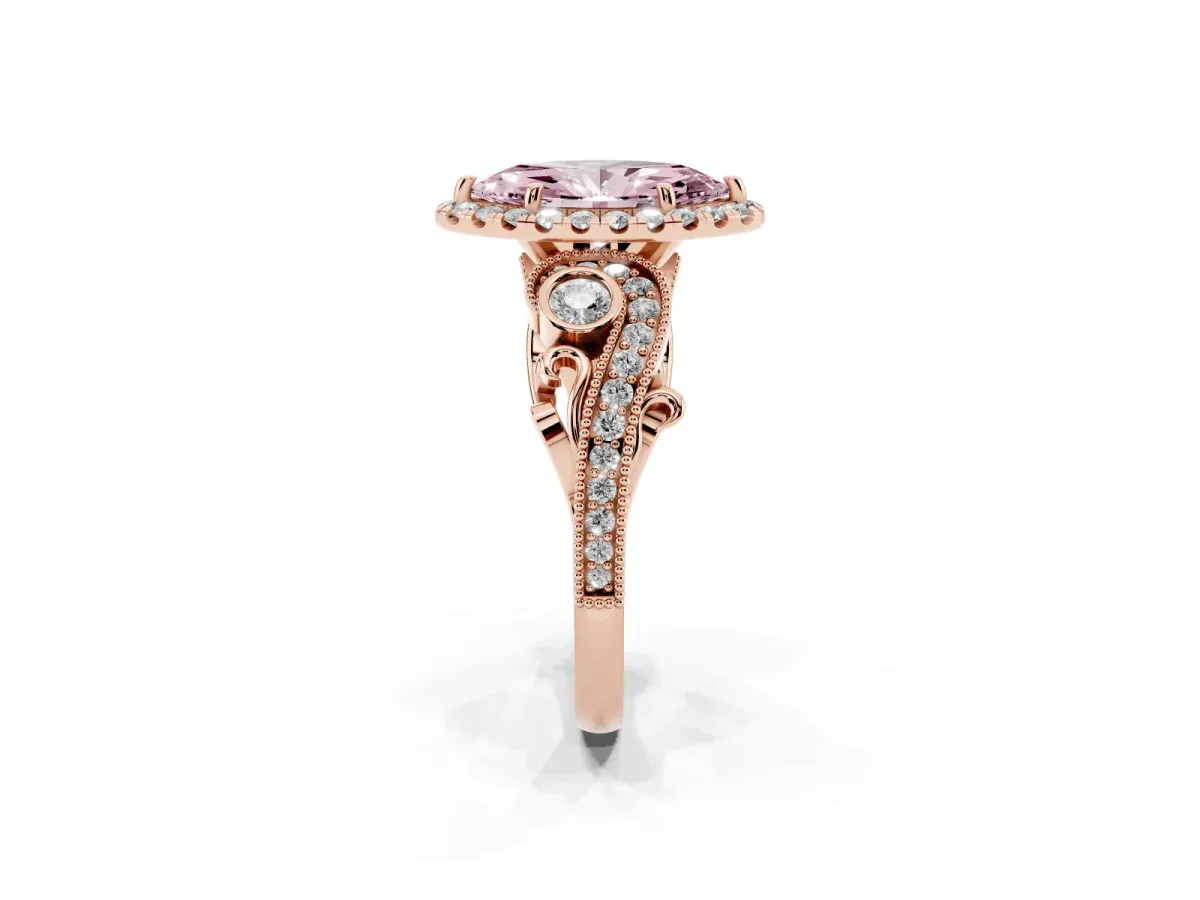 Fancy Pink Marquise Cut Halo Diamond Ring with Milgrain and Bezel Accents on a Split Shank Band Rose gold