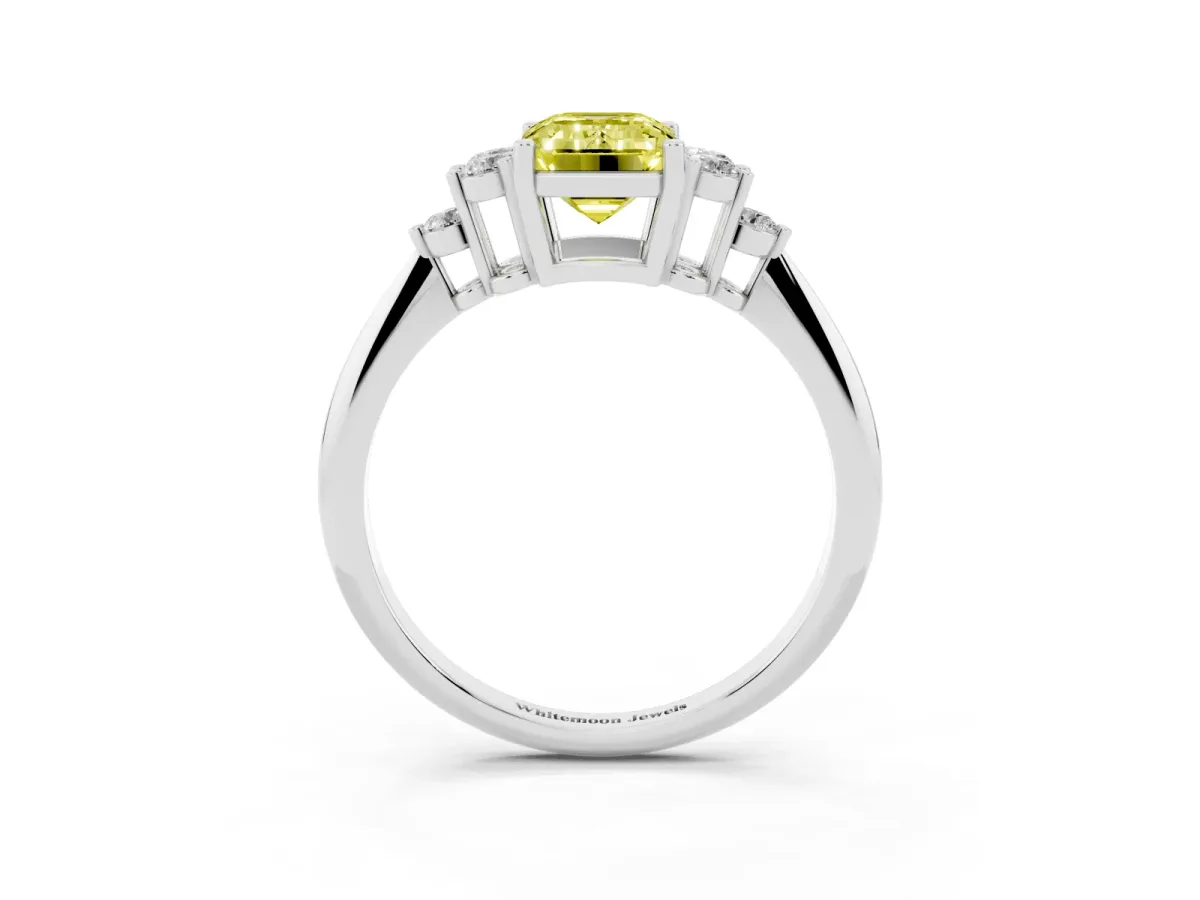 Fancy Yellow Emerald Cut Cut Diamond Cluster Ring with Solitaire Band and Four-Prong Setting Platinum