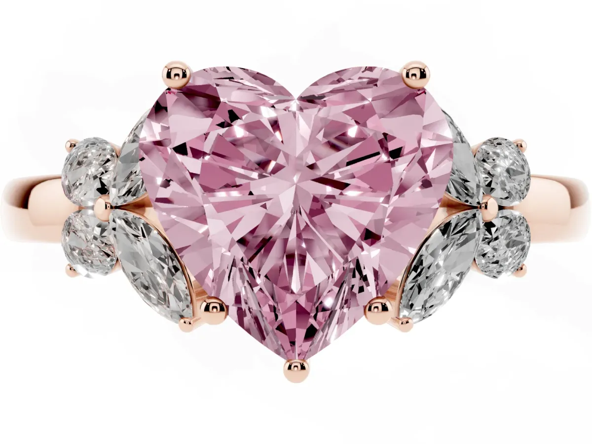 Fancy Pink Heart Cut Cut Solitaire Floral Diamond Ring with Four-Prong Setting Rose gold
