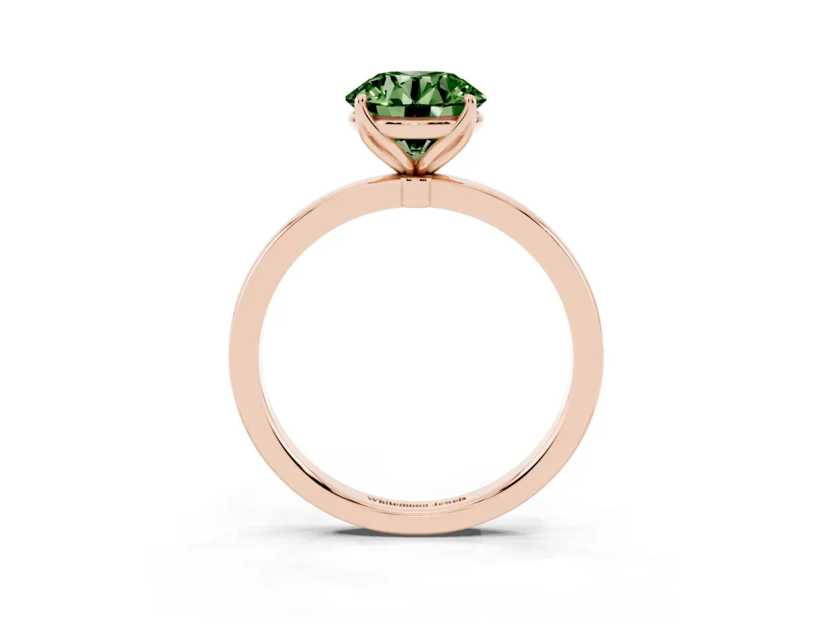 Fancy Green Round Cut Diamond Solitaire Ring with Thin Band and Prong Setting Rose gold