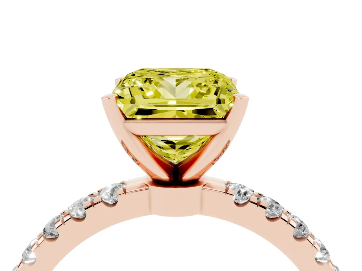Fancy Yellow Princess Cut Diamond Solitaire Ring with Pavé Accents and Four-Prong Setting Rose gold