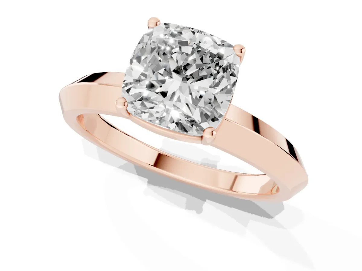 Cushion Cut Cut Solitaire Engagement Ring with Flat Band and Four-Prong Setting Rose gold