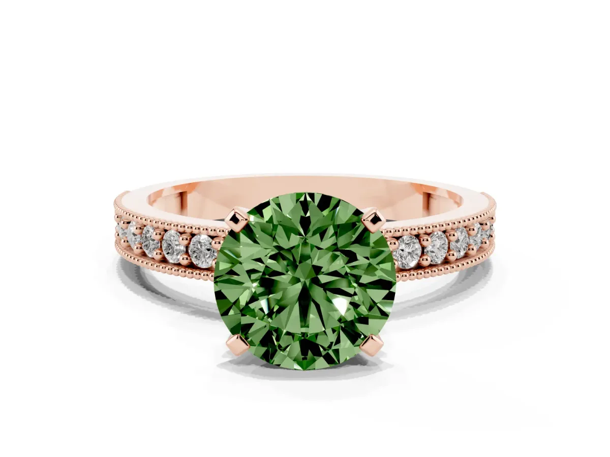 Fancy Green Round Cut Diamond Milgrain Pavé Engagement Ring with Four-Prong Setting Rose gold