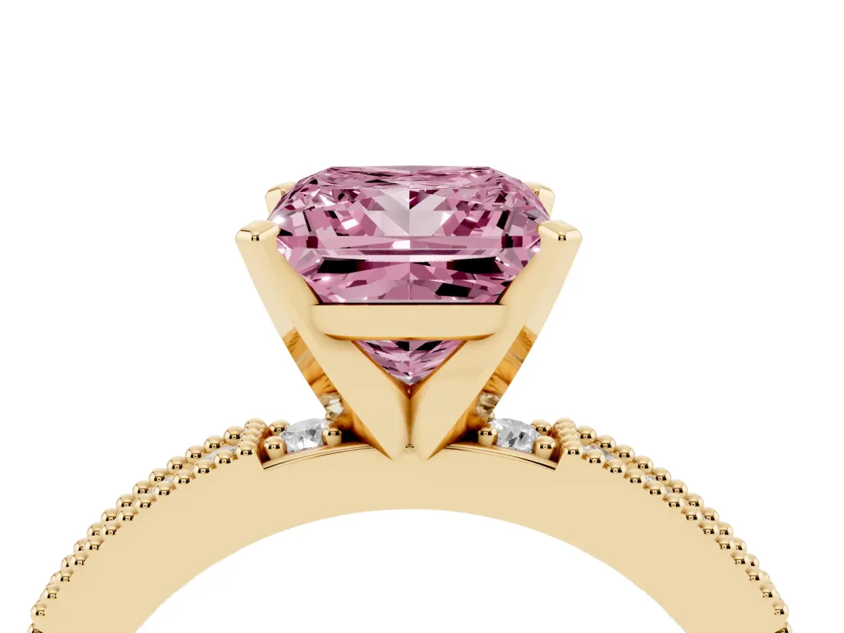 Fancy Pink Princess Cut Solitaire with Pavé Band and Four-Prong Setting Yellow gold
