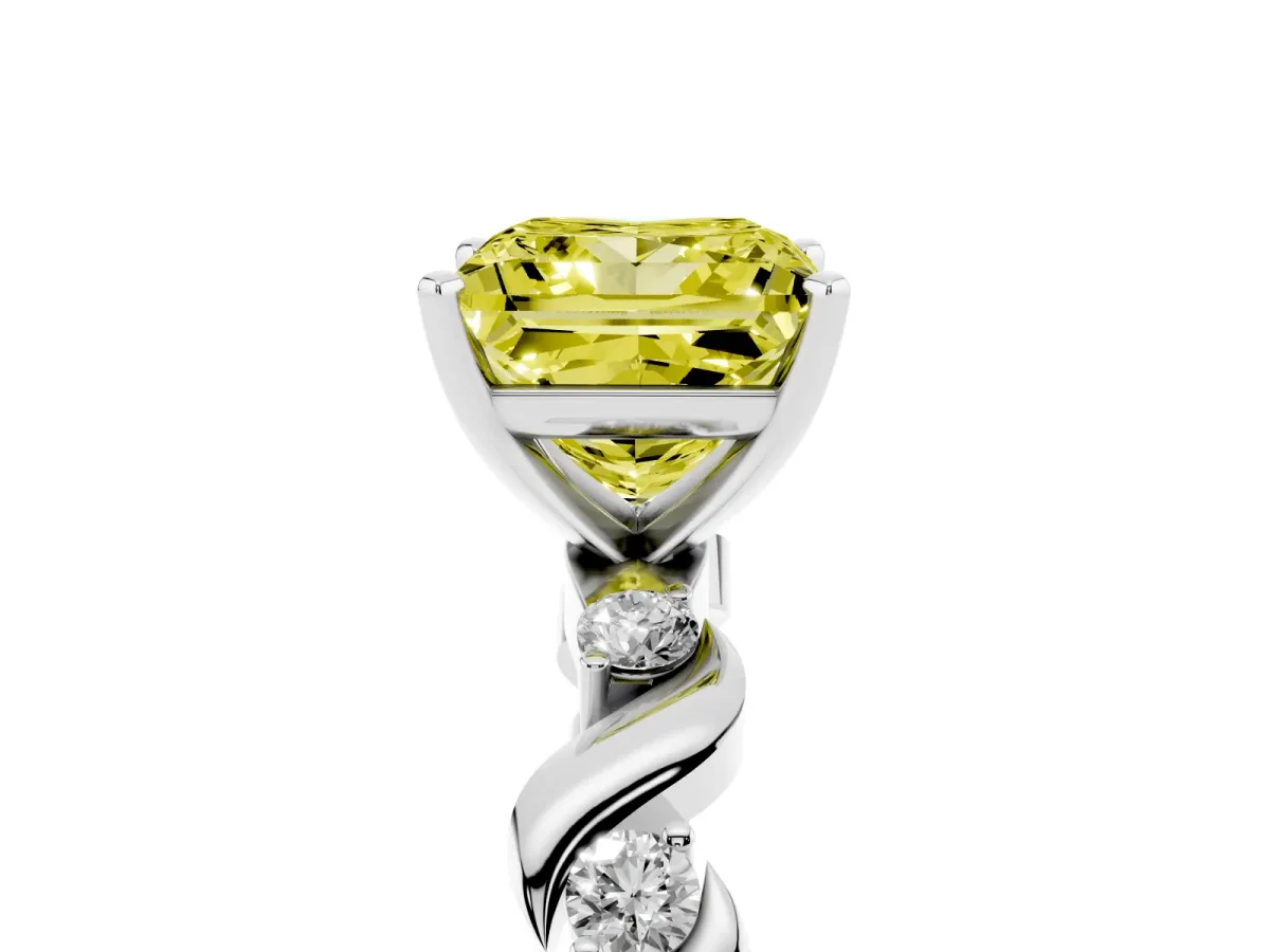 Fancy Yellow Princess Cut Diamond Solitaire Twisted Band with Round Accents and Prong Setting Silver